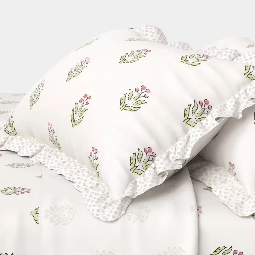 Studio McGee Threshold QUEEN Teen Block Print Ruffle Sheet Set Pink/Cream NEW